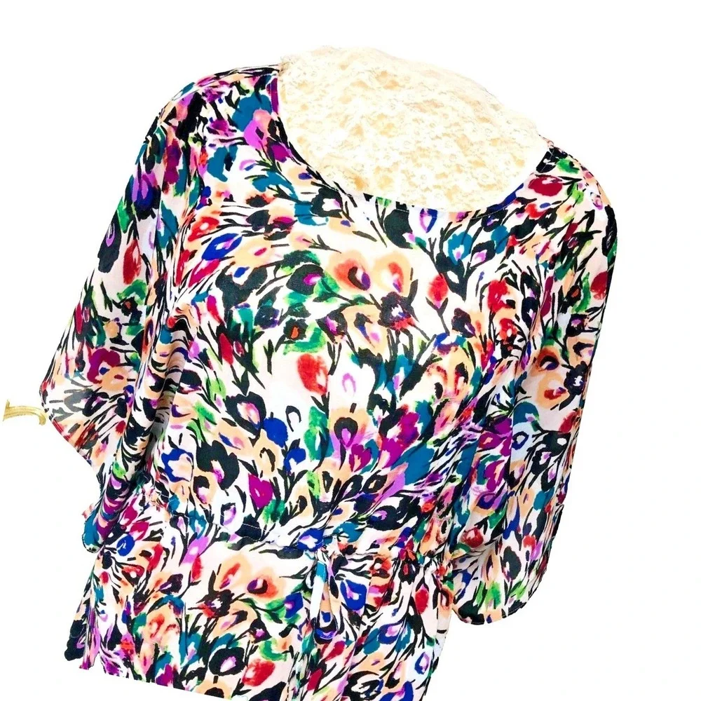 Nicole Miller Kaftan Caftan Dress Abstract Floral Sheer Beachy Fairy Womens L 12